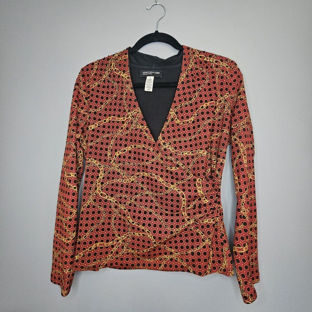 Jones New York Womens M Faux Wrap Blouse Long Sleeve Chain Print Orange‎ Black